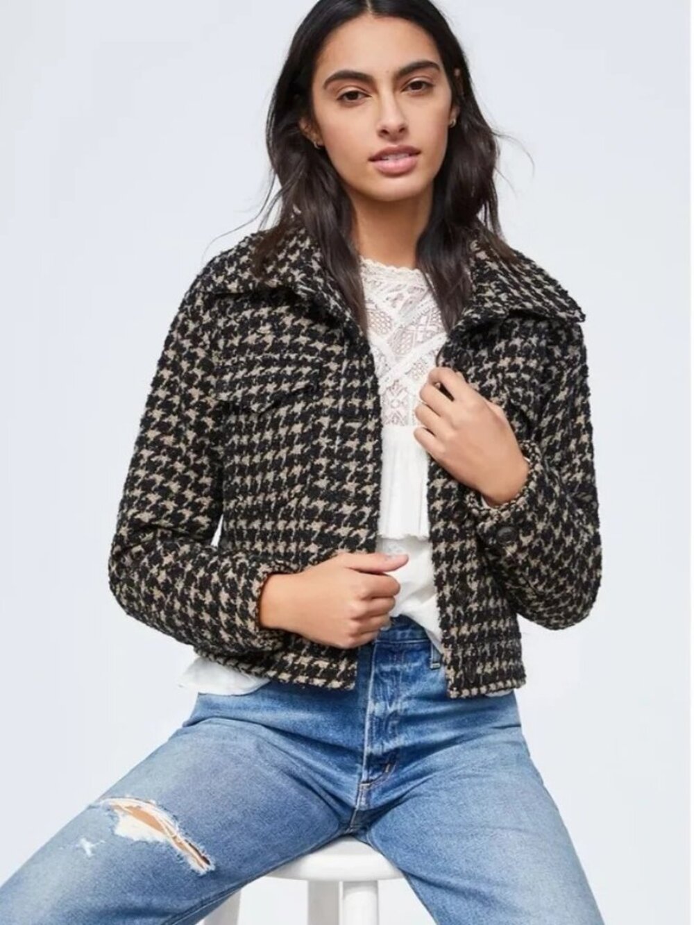 NWT Avec Les Filles Lea Houndstooth Shimmer Cropped Jacket
